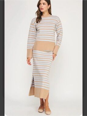Striped Maxi Knit Skirt and Sweater in Beige and Light Blue -Set!!! Strut/Bolt